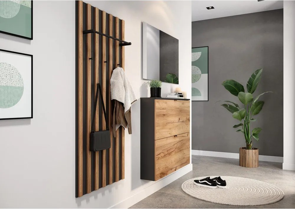 Pantofar gri antracit/în culoare naturală cu deschidere înclinată/suspendat cu aspect de lemn de stejar 100x85x19 cm Renell – Germania