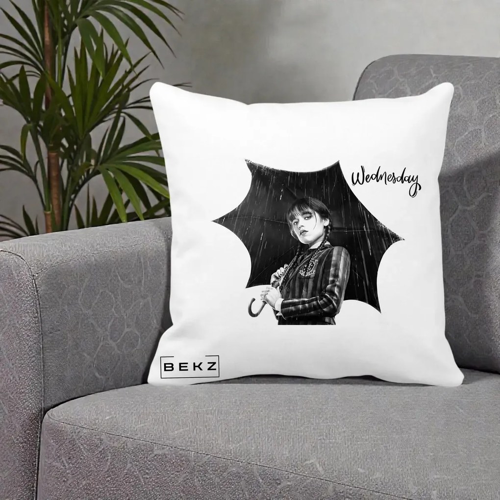 Perna Personalizata Wednesday Addams cu Umbrela Foto, 40x40 cm, Alba Mata, Husa Detasabila, Perna Inclusa, BEKZ®