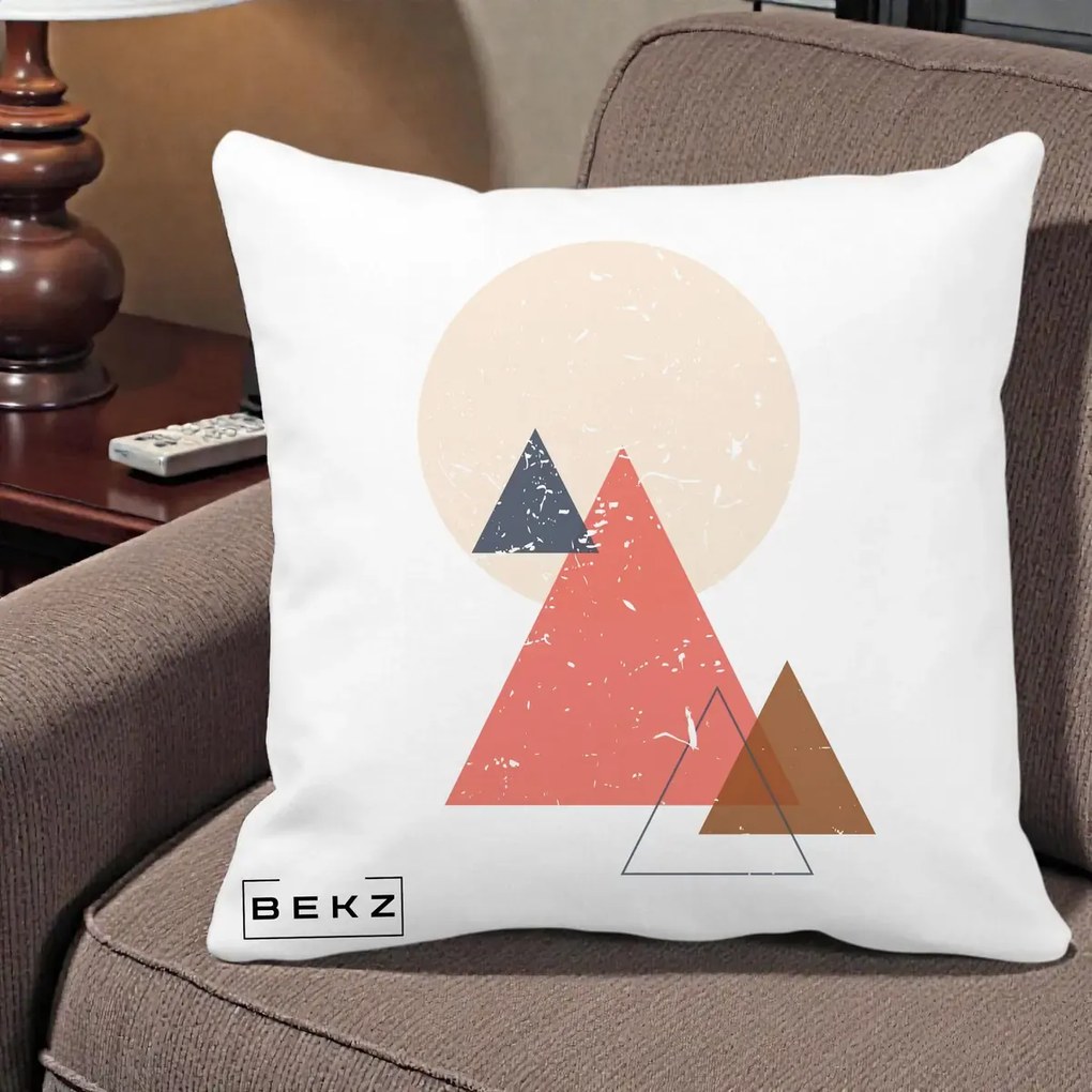 Perna Decorativa Geometric Munti si Soare, 40x40 cm, Alba Mata, Husa Detasabila, Perna Inclusa, BEKZ®