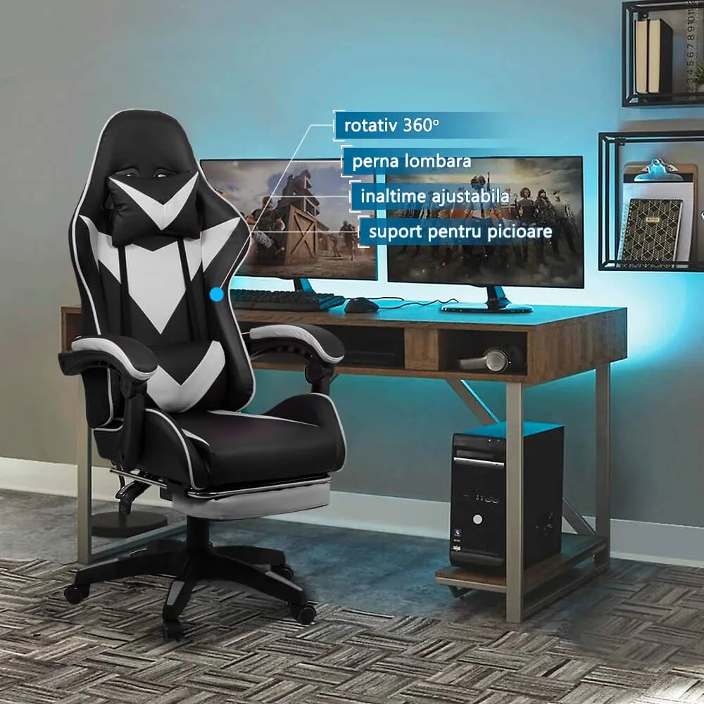 Scaun gaming din piele sintetică cu suport pentru picioare OFF 299 alb cu negru