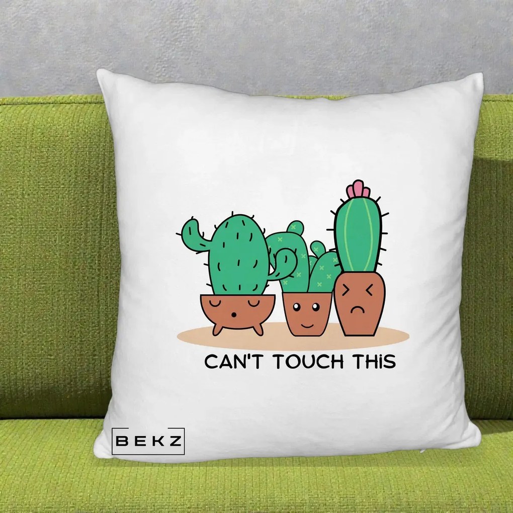Perna Decorativa Cactus Funny Can't Touch This, 40x40 cm, Alb Pufos, Husa Detasabila, Perna Inclusa, BEKZ®