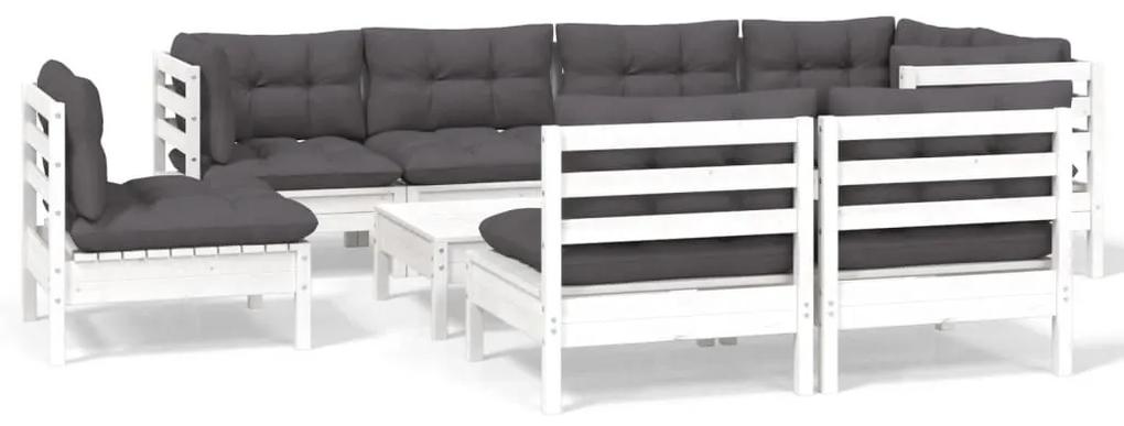 Set mobilier gradina cu perne, 9 piese, alb, lemn masiv pin Alb, 1