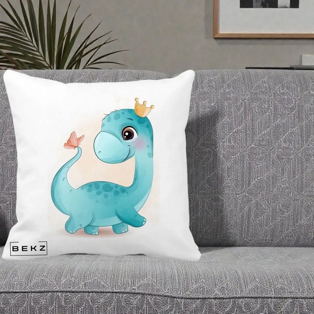 Perna Personalizata Dinozaur Bland Coroana Kawaii, 40x40 cm, Alba Mata, Husa Detasabila, Perna Inclusa, BEKZ®
