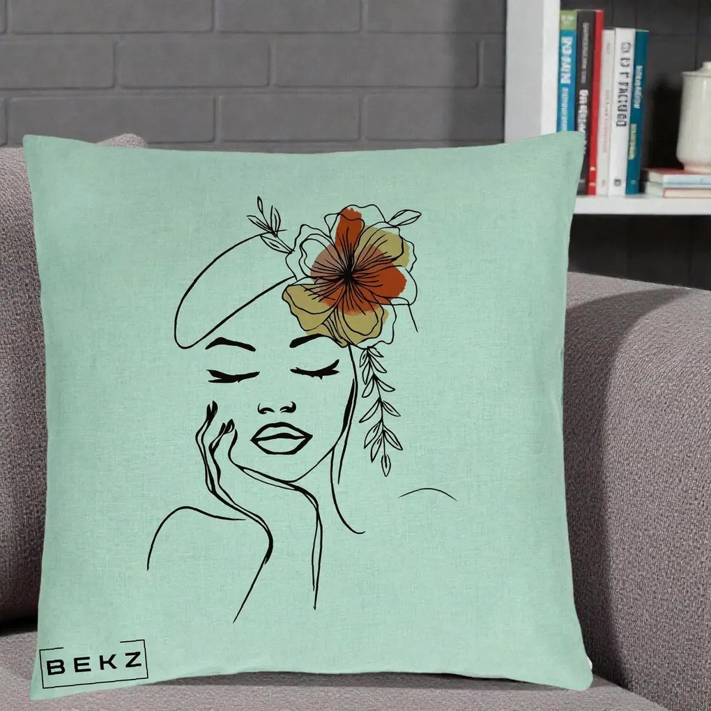 Perna Decorativa Portret Feminin Flori Palarie, 40x40 cm, Verde Menta, Husa Detasabila, Perna Inclusa, BEKZ®