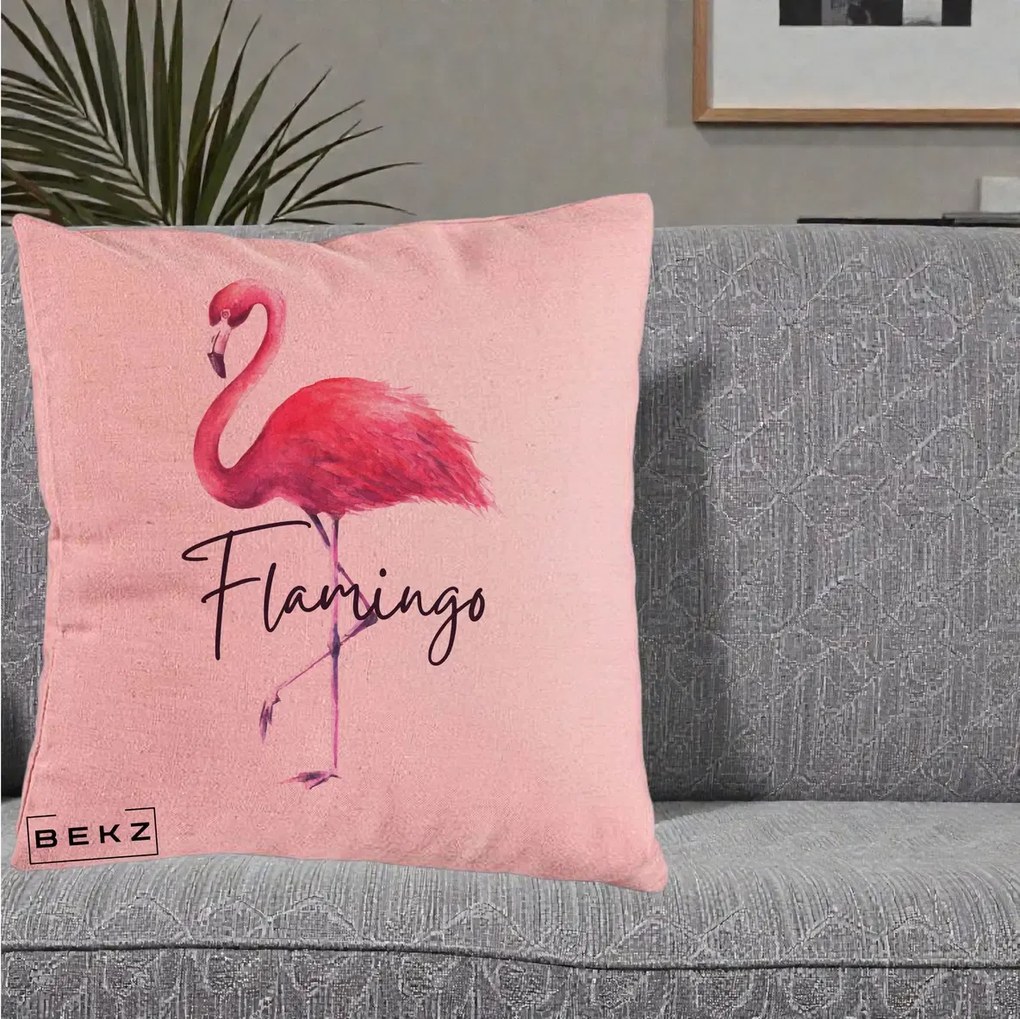 Perna Decorativa Flamingo Acuarela, 40x40 cm, Roz, Husa Detasabila, Perna Inclusa, BEKZ®
