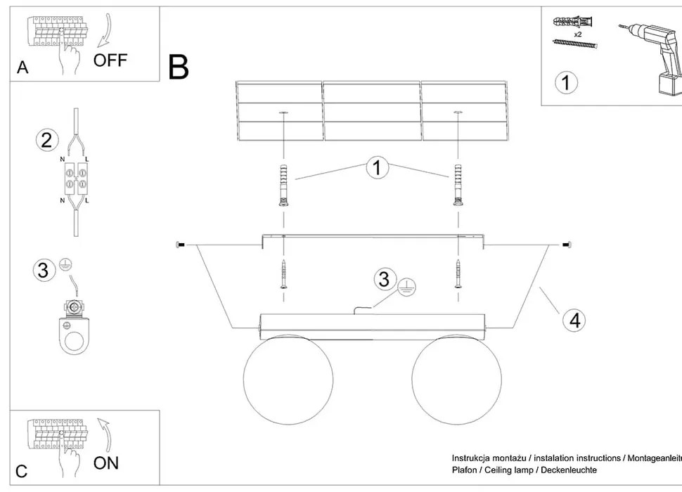 Plafonieră neagră cu abajur din sticlă ø 12 cm Umerta – Sollux