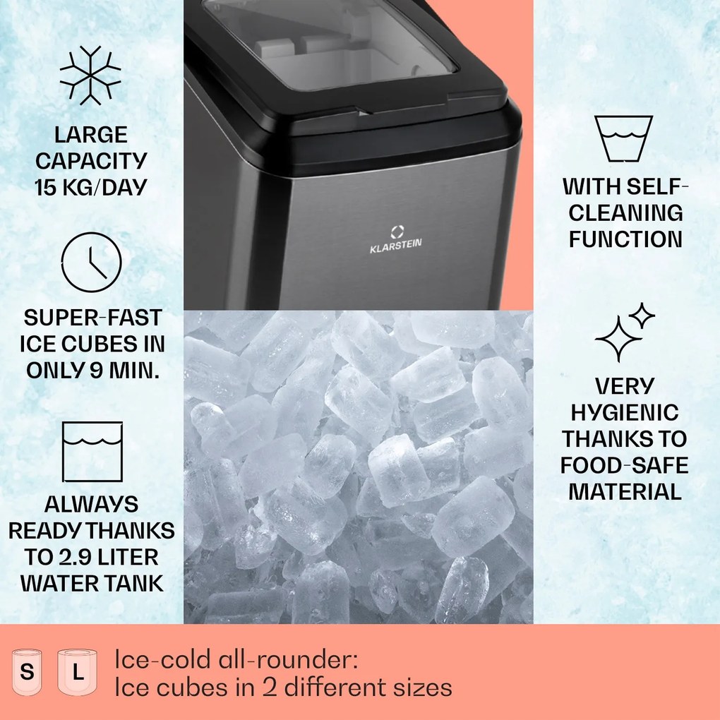 Klarstein Partytime, aparat de gheață, gheață curată, 15kg / 24h, oțel inoxidabil