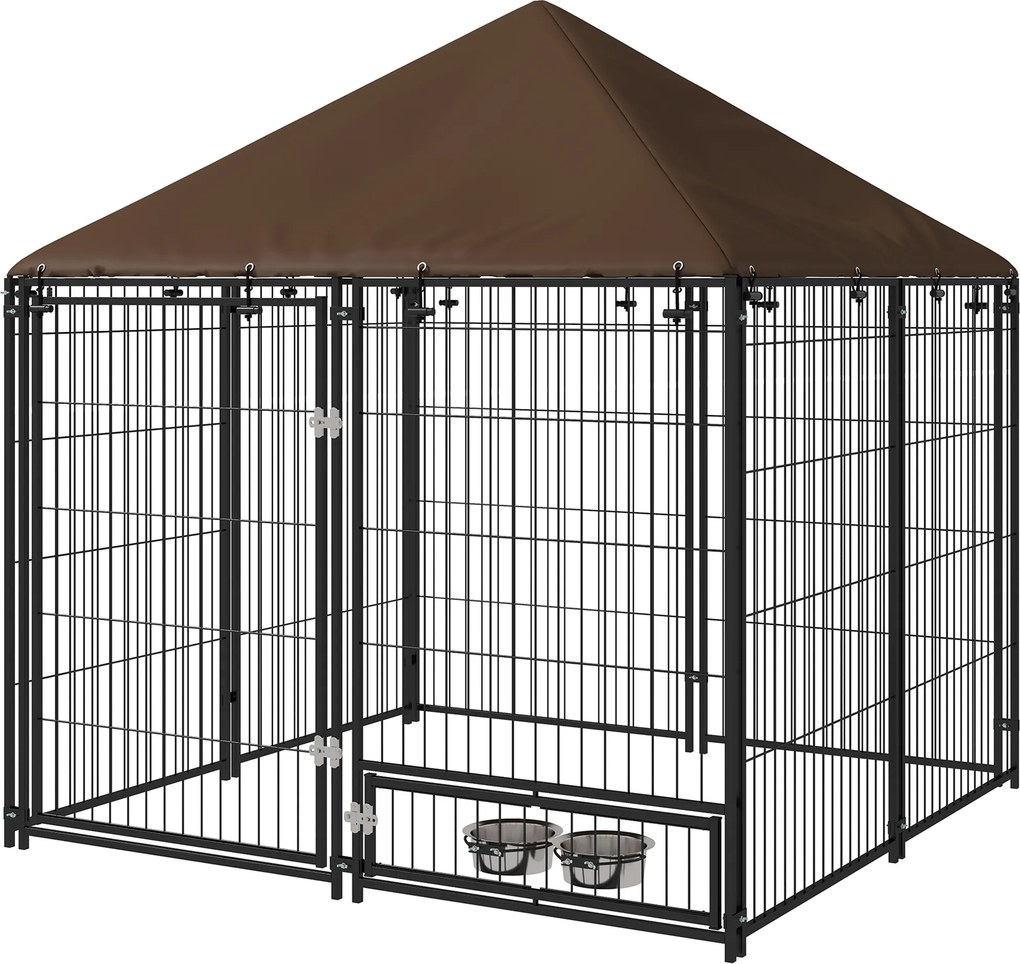 PawHut Gard pentru Câini din Metal cu Ușă pentru Boluri, Gard pentru Câini de Exterior cu Acoperiș, 141x141x151 cm, Negru și Maro