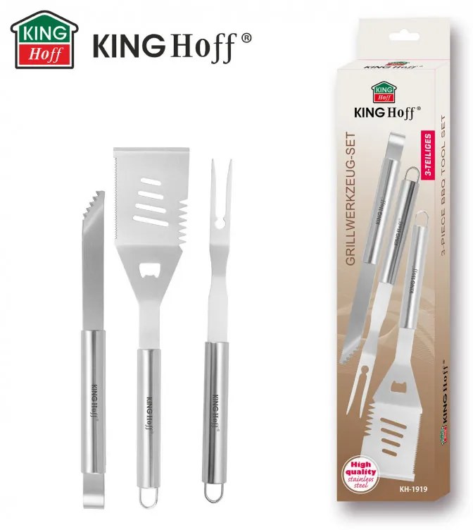 Set 3 ustensile pentru gratar Kinghoff KH 1919, Spatula, Furculita, Furculita, Otel inoxidabil, Inox