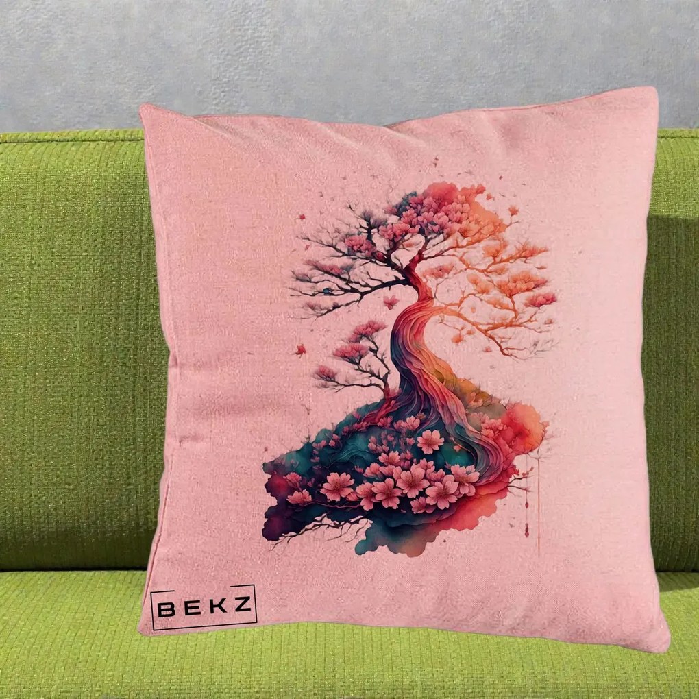 Perna Decorativa Copac Sakura Acuarela Fantasy, 40x40 cm, Roz, Husa Detasabila, Perna Inclusa, BEKZ®