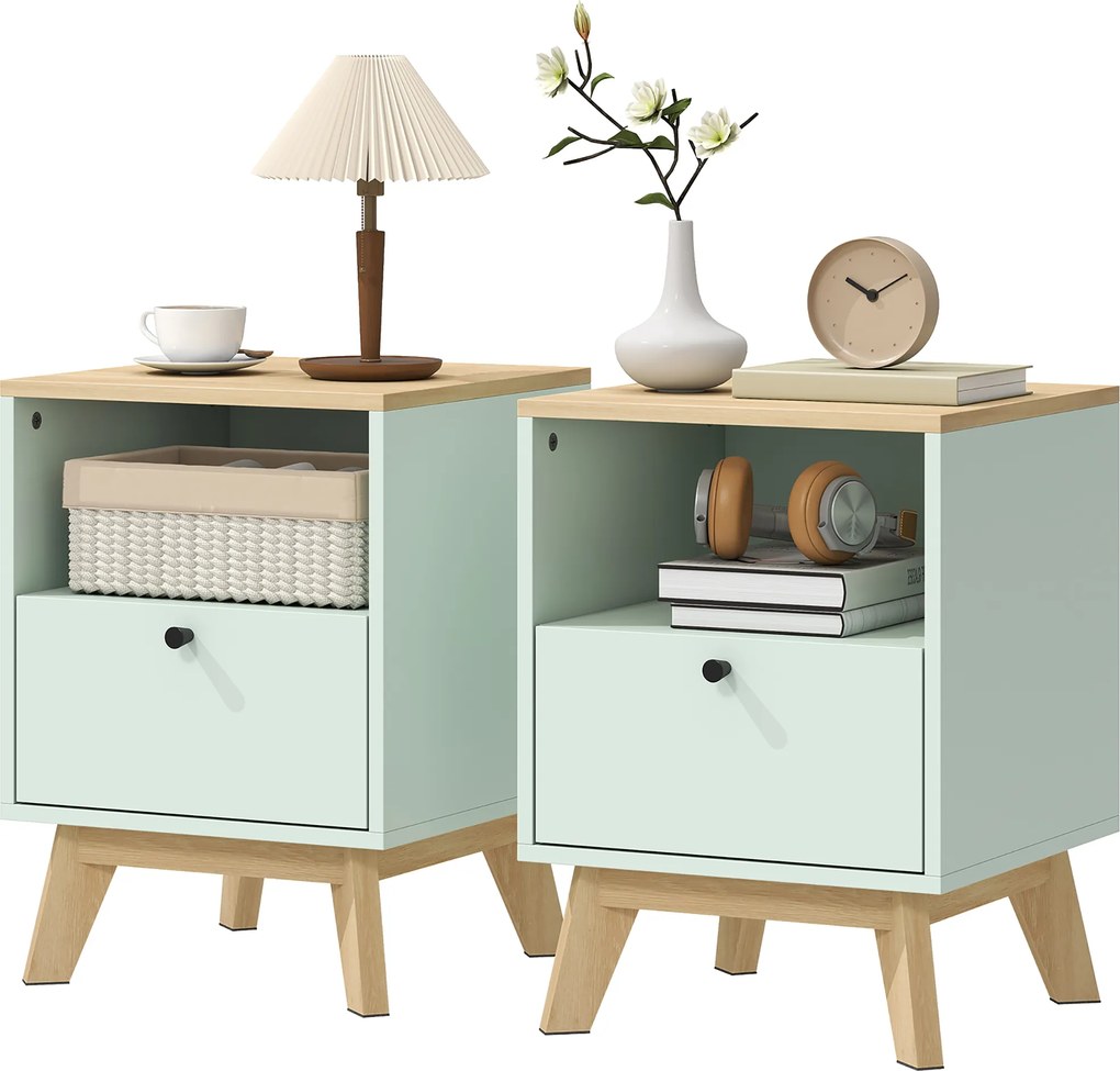 HOMCOM Set de 2 noptiere, noptiere cu sertar și compartiment deschis, 40 x 40 x 55 cm, stejar și verde deschis | Aosom Romania