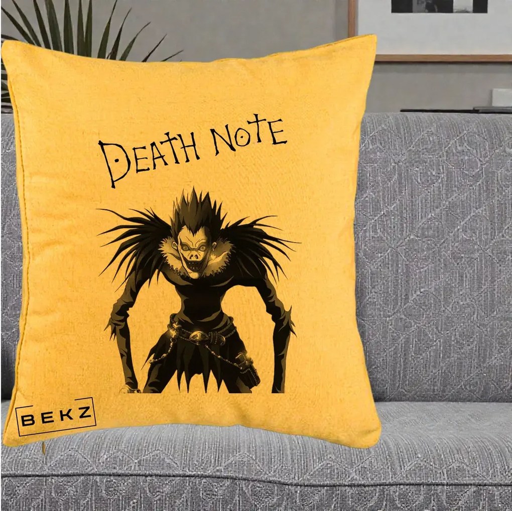 Perna Personalizata Death Note Ryuk Shinigami Alb-Negru, 40x40 cm, Galben, Husa Detasabila, Perna Inclusa, BEKZ®