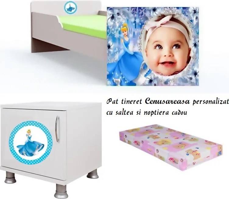Pat tineret Cenusareasa personalizat cu saltea si noptiera Cadou