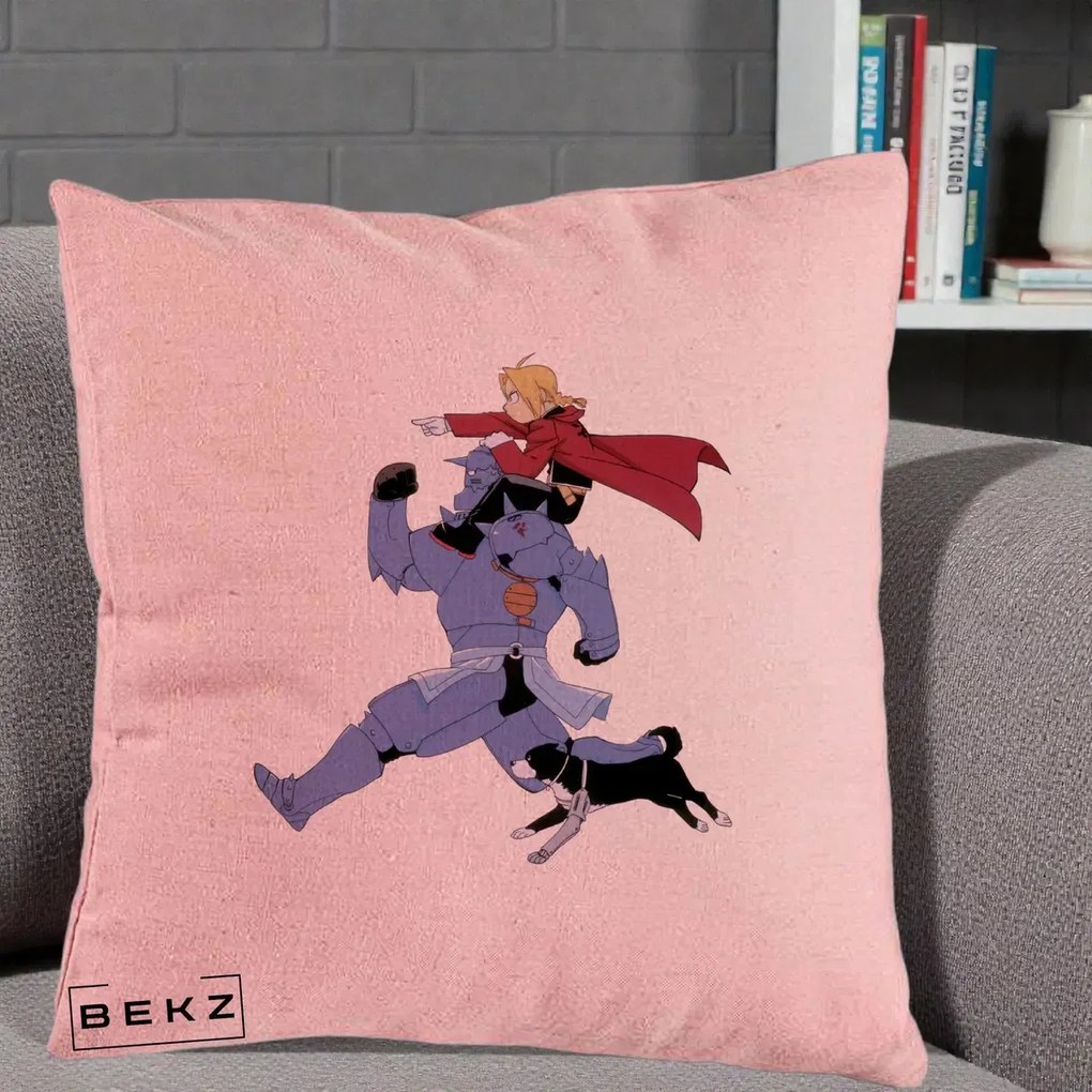 Perna Personalizata Fullmetal Alchemist Edward si Alphonse, 40x40 cm, Roz, Husa Detasabila, Perna Inclusa, BEKZ®