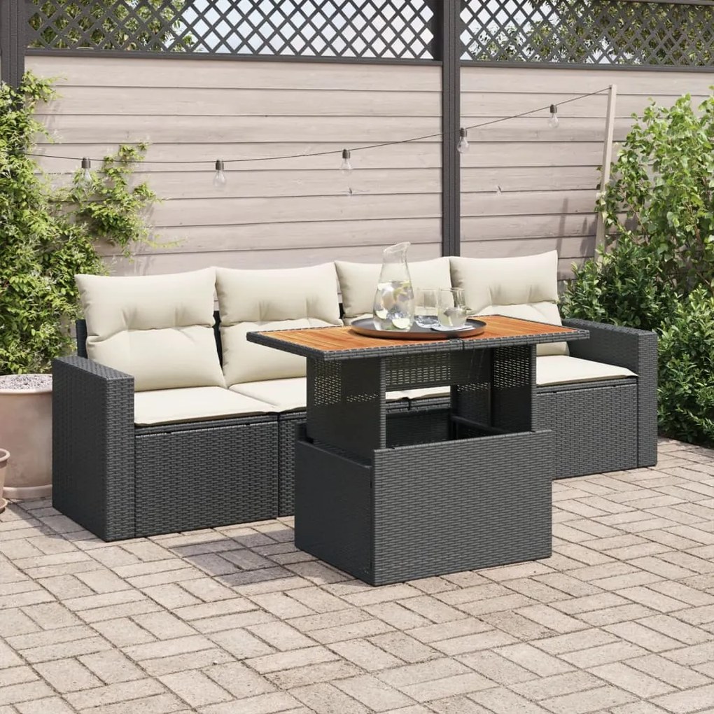 3326982 vidaXL Set mobilier de grădină cu perne, 5 piese, negru, poliratan