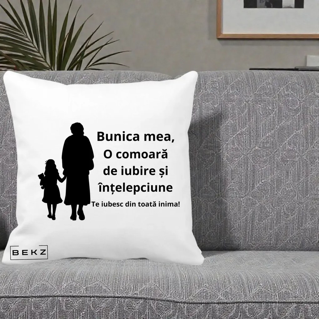 Cadou pentru Bunica - Perna Personalizata Bunica Mea Comoara Iubire Intelepciune Silueta, 40x40 cm, Alba Mata, Husa Detasabila, Perna Inclusa, BEKZ®