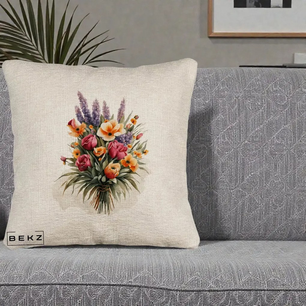 Perna Decorativa Buchet Mixt Acuarela Lavanda-Trandafiri, 40x40 cm, Bej Canapea, Husa Detasabila, Perna Inclusa, BEKZ®