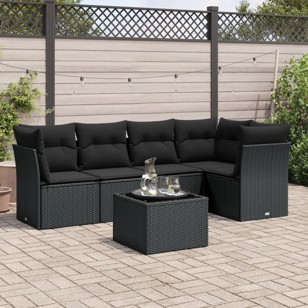 3217605 vidaXL Set mobilier de grădină cu perne, 6 piese, negru, poliratan