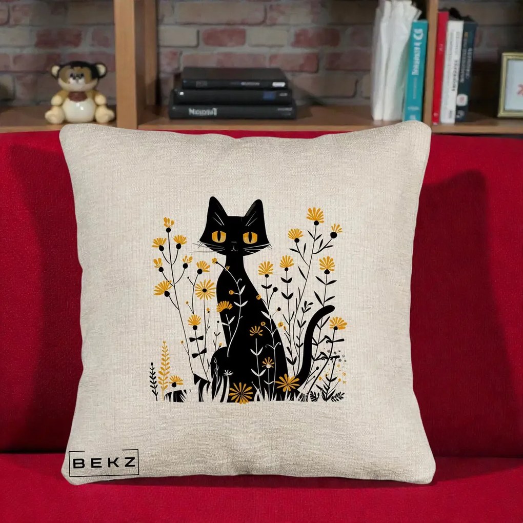 Perna Decorativa Pisica Neagra Ochi Galbeni Flori Galbene, 40x40 cm, Bej Canapea, Husa Detasabila, Perna Inclusa, BEKZ®