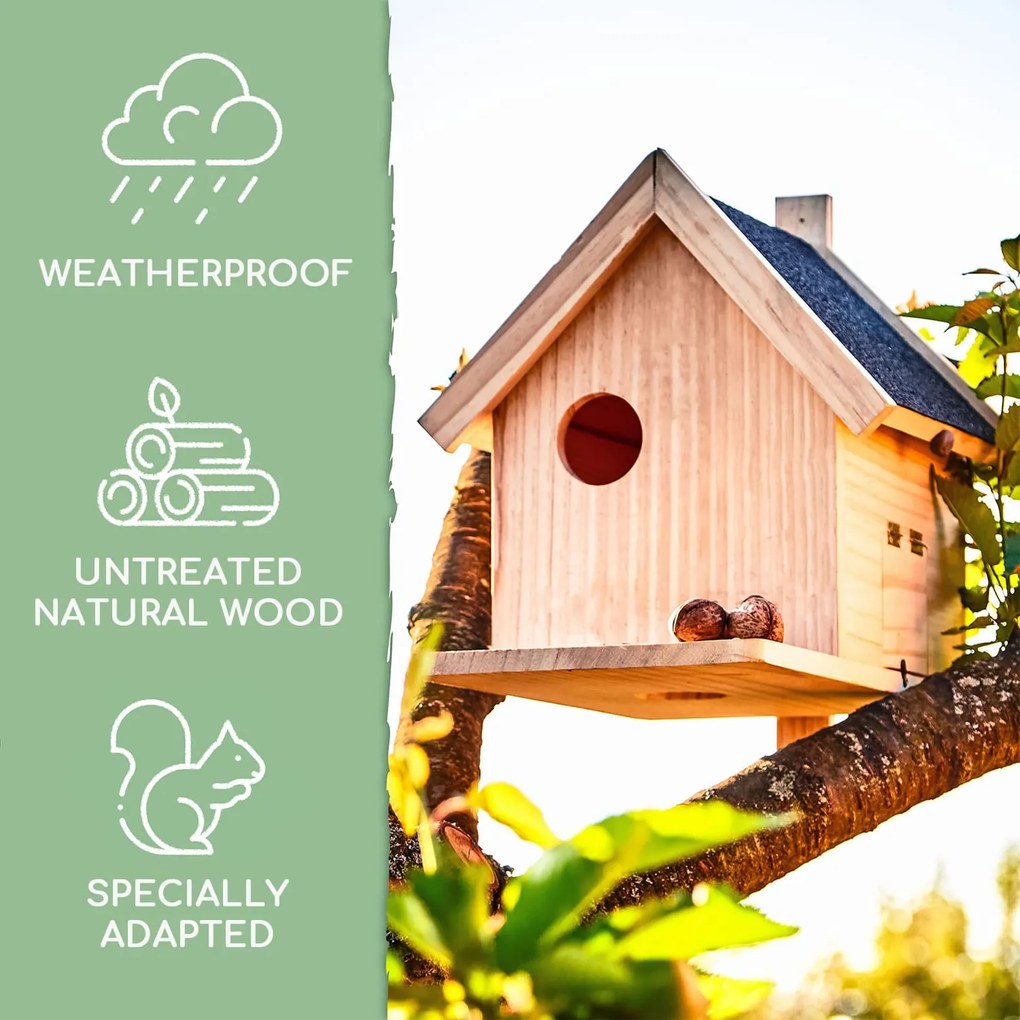 Căsuță pentru veveriță, alimentator, hibernare, 4 intrări, lemn de pin, netratat, realizat manual