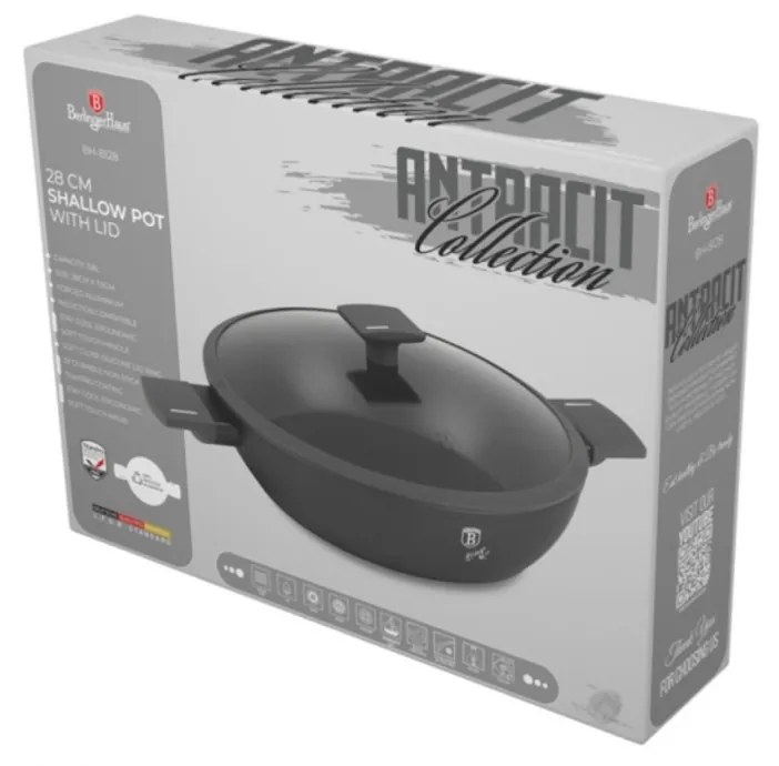 Cratiță cu capac 28 cm, 3.8L – Berlinger Haus Anthracite Collection BH 8128, cu strat antiaderent titan, design modern, gri antracit