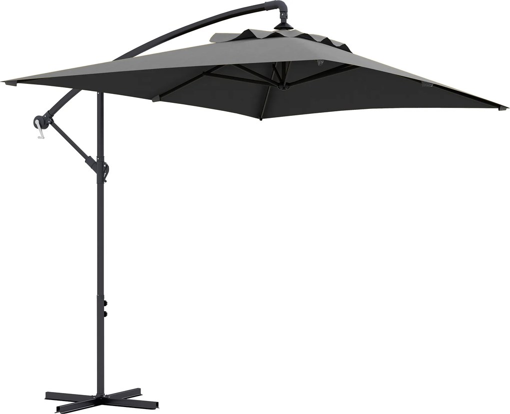 Outsunny Umbrelă Consolă 3m cu Bază în Cruce, Model Banana cu Manivelă, 6 Spite, Umbrelă Dreptunghiulară pentru Terasă, Gri | Aosom Romania