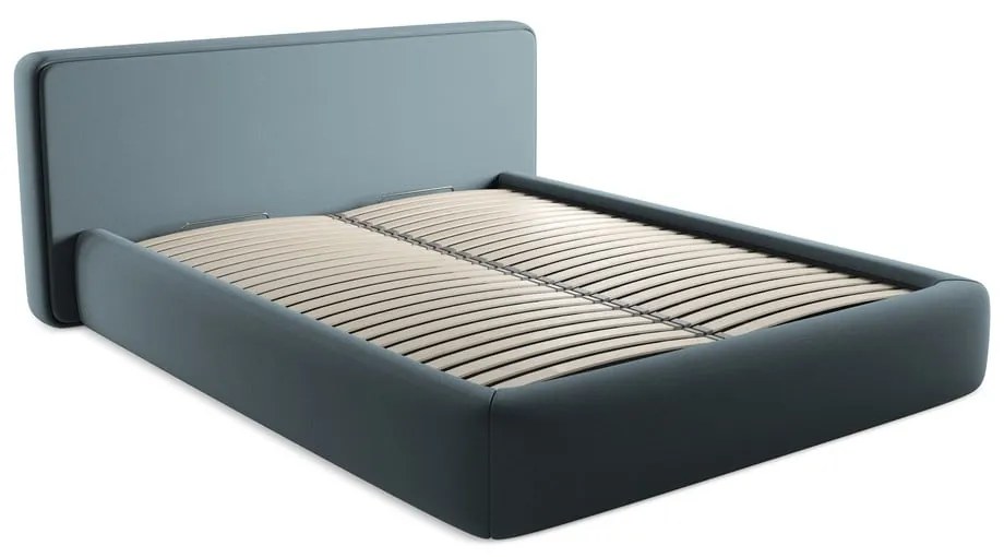 Pat matrimonial albastru tapițat cu spațiu de depozitare cu somieră 160x200 cm Kiana – Makamii