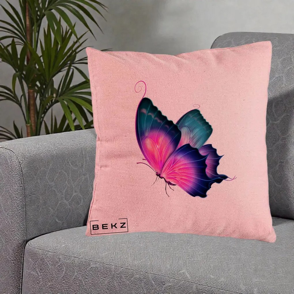 Perna Decorativa Fluture Neon, 40x40 cm, Roz, Husa Detasabila, Perna Inclusa, BEKZ®