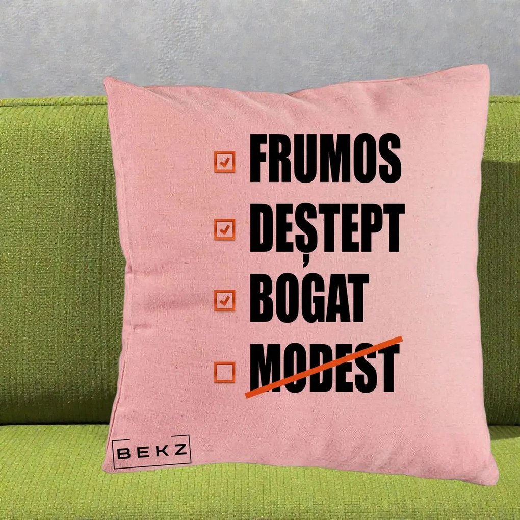 Perna Decorativa Frumos Destept Bogat, 40x40 cm, Roz, Husa Detasabila, Perna Inclusa, BEKZ®