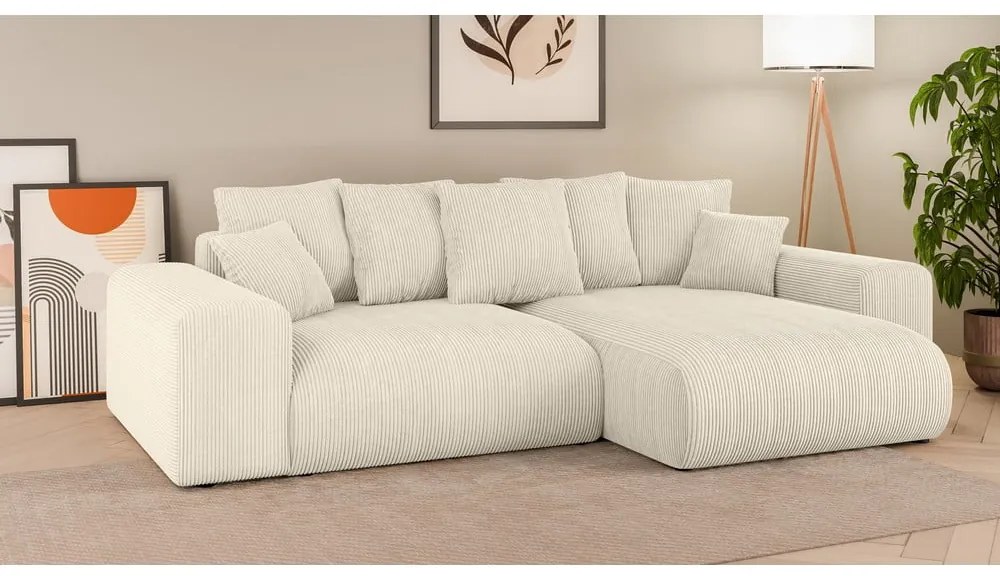 Colțar crem extensibil/cu spațiu de depozitare cu tapițerie din catifea reiată (cu colț variabil) Luma – Ropez