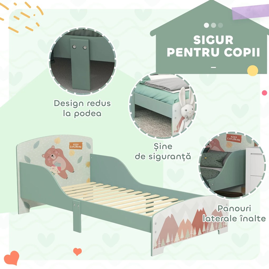 ZONEKIZ Pat pentru Copii 3-6 Ani cu Margini Înălțate și Design cu Animale, 77x143x60 cm, Verde | Aosom Romania