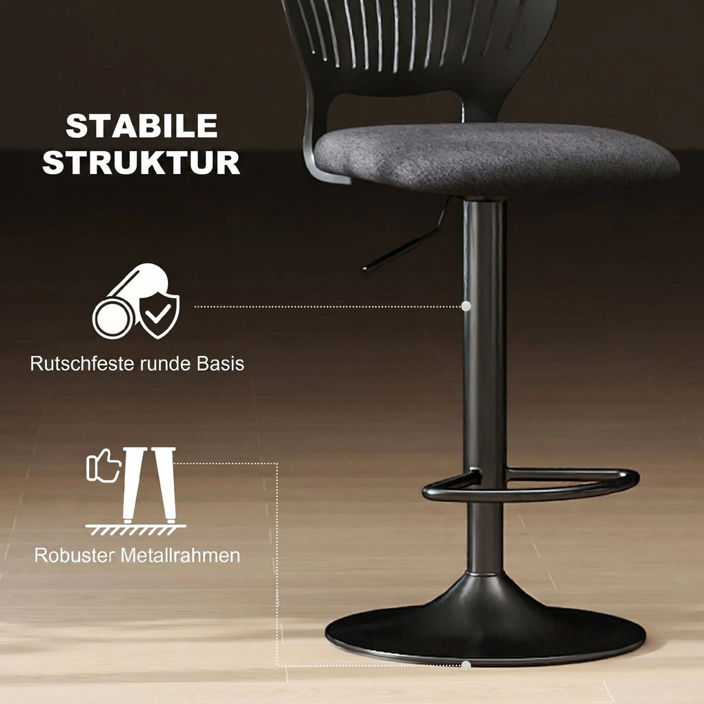 Set HOMCOM de 2 Scaune de Bar Reglabile, Scaune de Bucătărie Înalte din Țesătură Tip In cu Spătar, Suport pentru Picioare și Scaun Moale, Structură din Metal, Scaune de Bar Rotative la 360°, Negru | Aosom Romania