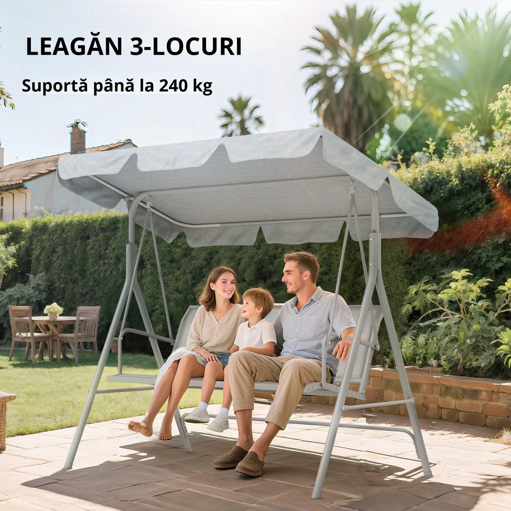 Balansoar de grădină 3 locuri Hollywoodschaukel cu acoperiș din metal gri+argintiu 170 x 110 x 153 cm | Aosom Romania
