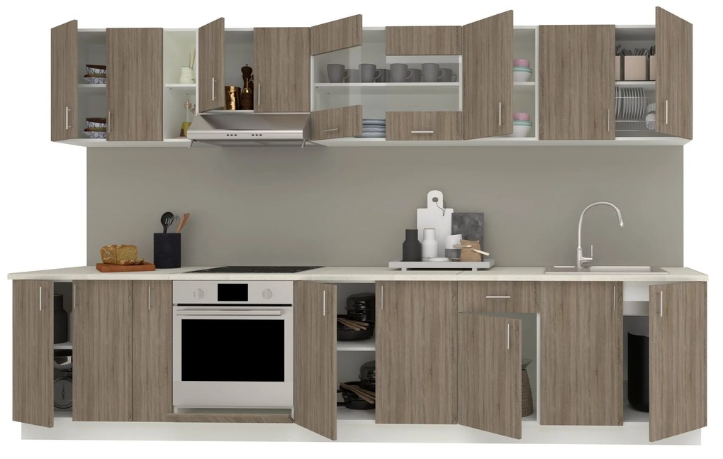 Set Bucatarie Karo V32, Stejar Sonoma Inchis/Alb, Blat Thermo 28 mm, L 340 cm