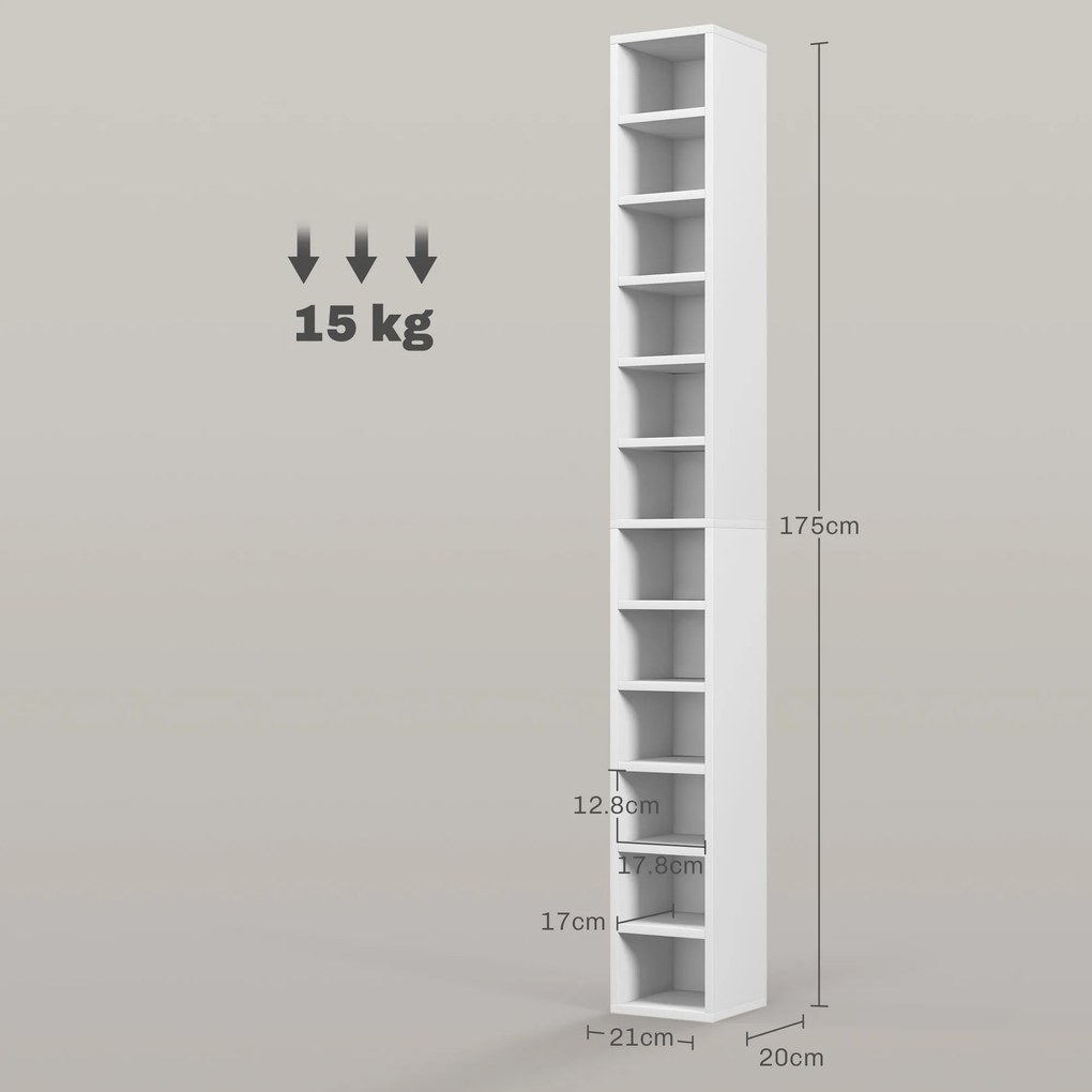 HOMCOM Raft Bibliotecă pentru CD-uri cu 12 rafturi, din MDF și panou aglomerat, 21x20x175 cm, Alb | Aosom Romania