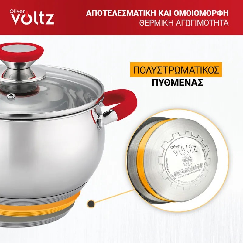 Oala Oliver Voltz OV51210N22, 22 cm, 4,6 l, Inductie, Manere silicon rosii, Inox/Roşu