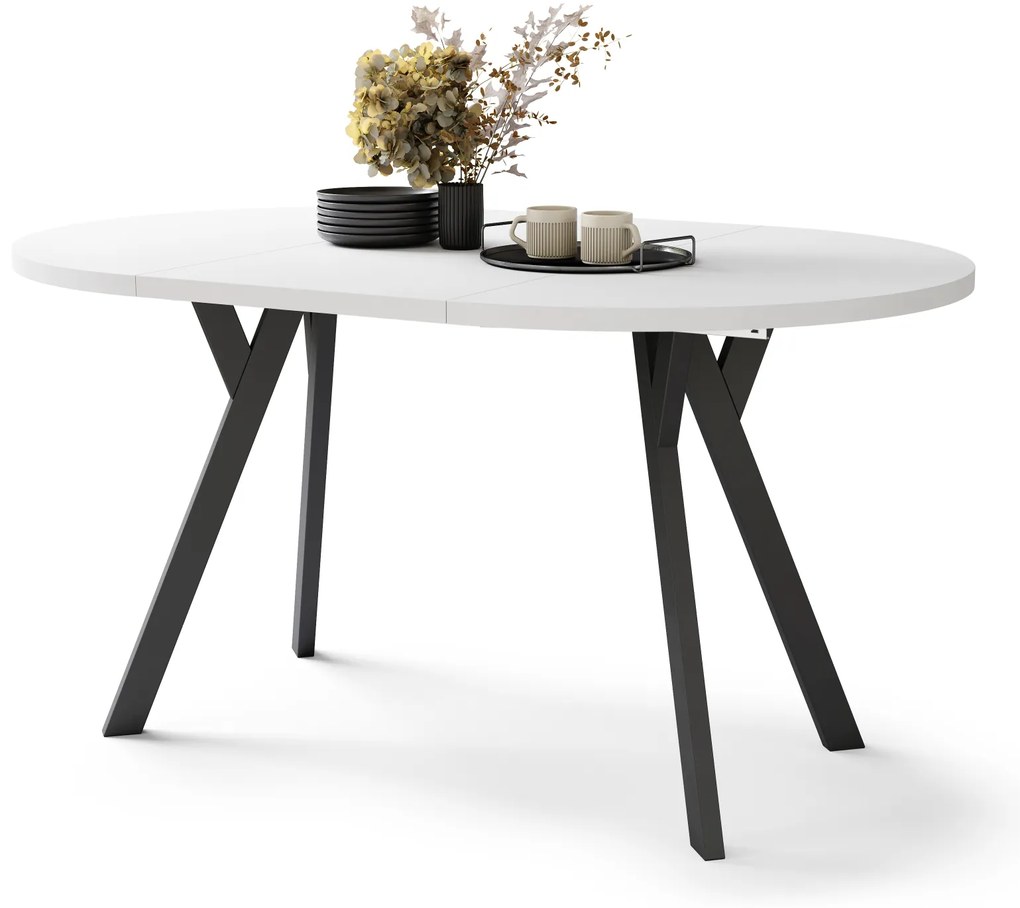 Mazzoni ALMO Alb Mat/picioare negre - MASĂ ROTUNDĂ EXTENSIBILĂ CU PICIOARE ÎN FORMĂ DE Y STIL LOFT PENTRU SALON/SUFRAGERIE