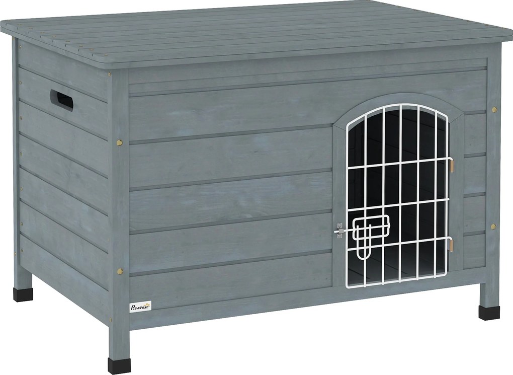 PawHut cușcă pentru câini, casă pentru câini cu ușă, cutie pentru câini, adăpost pentru animale, lemn de brad, gri închis | Aosom Romania