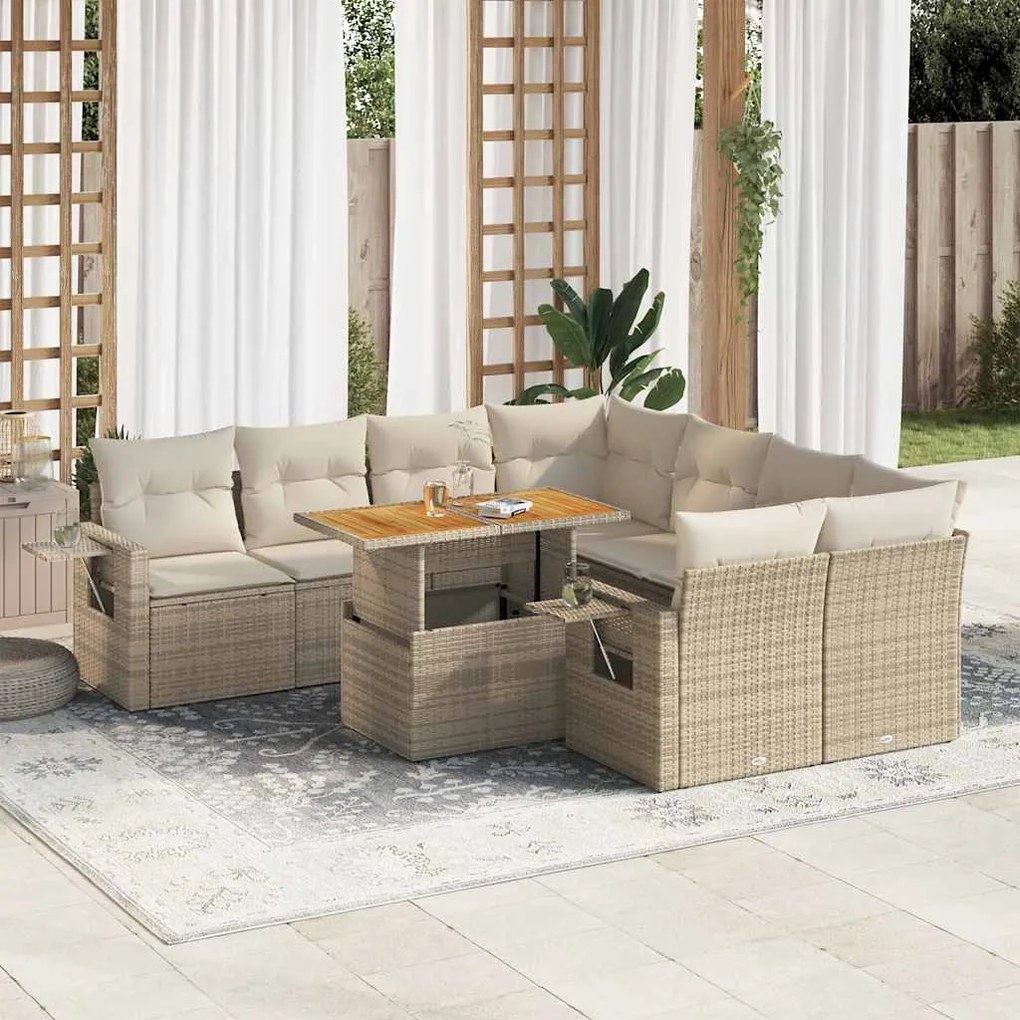 vidaXL Set canapele de grădină, 9 piese, cu perne, bej, poliratan