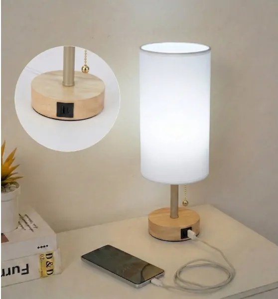 Brilagi - Lampă de masă TABLON cu port USB 1xE27/25W/230V stejar/bej/alb