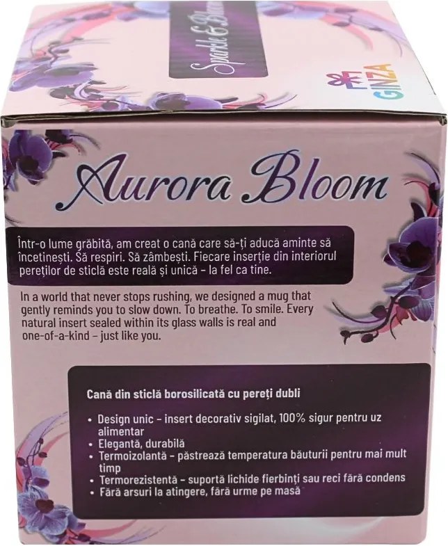 Pahar cu inserție de flori uscate, floarea miresei alb și albastru, pereți dubli, sticlă borosilicată, 250 ml, Aurora Bloom