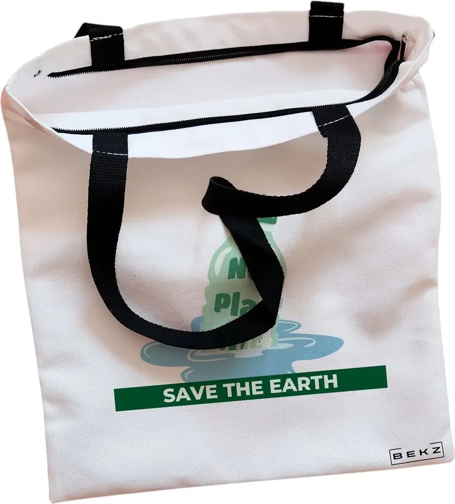 Sacosa de Panza pentru Cumparaturi, Geanta Tote, model No plastic - Save the earth, Cu fermoar, 38x34.5 cm, Alba, BEKZ®