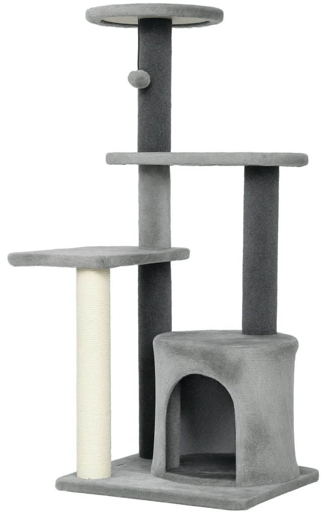 PawHut Ansamblu de joacă pentru pisici, multe niveluri cu stâlpi de sisal și Căsuță, 104cm,  Gri | Aosom Romania