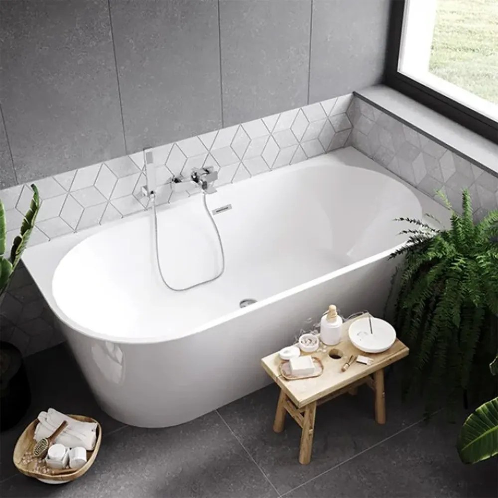 Cada freestanding Rea Sydney 160x75 cm alb lucios cu montaj dreapta lipita de perete, BTW