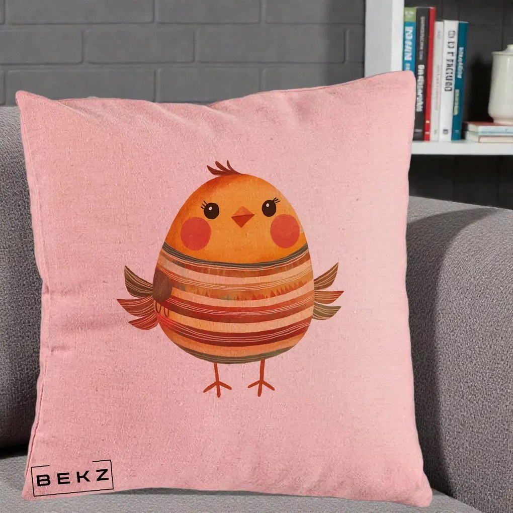 Perna Decorativa Pui Kawaii Portocaliu Dungi Calde, 40x40 cm, Roz, Husa Detasabila, Perna Inclusa, BEKZ®