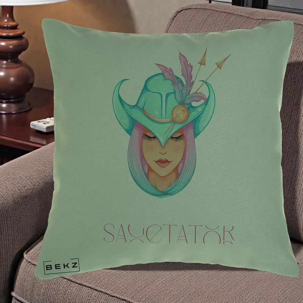 Perna Personalizata Zodiac Sagetator Cowgirl, 40x40 cm, Verde, Husa Detasabila, Perna Inclusa, BEKZ®