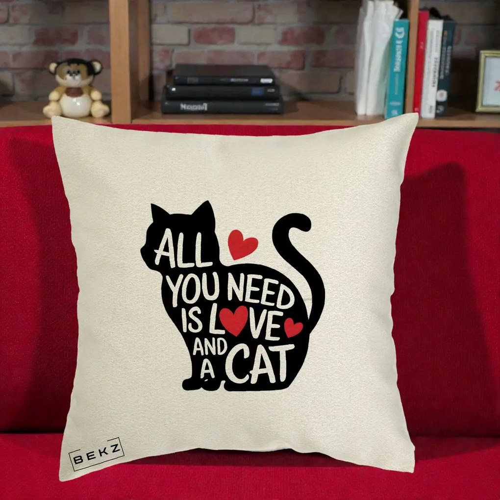 Perna Personalizata All You Need is Love and a Cat, 40x40 cm, Ecru, Husa Detasabila, Perna Inclusa, BEKZ®