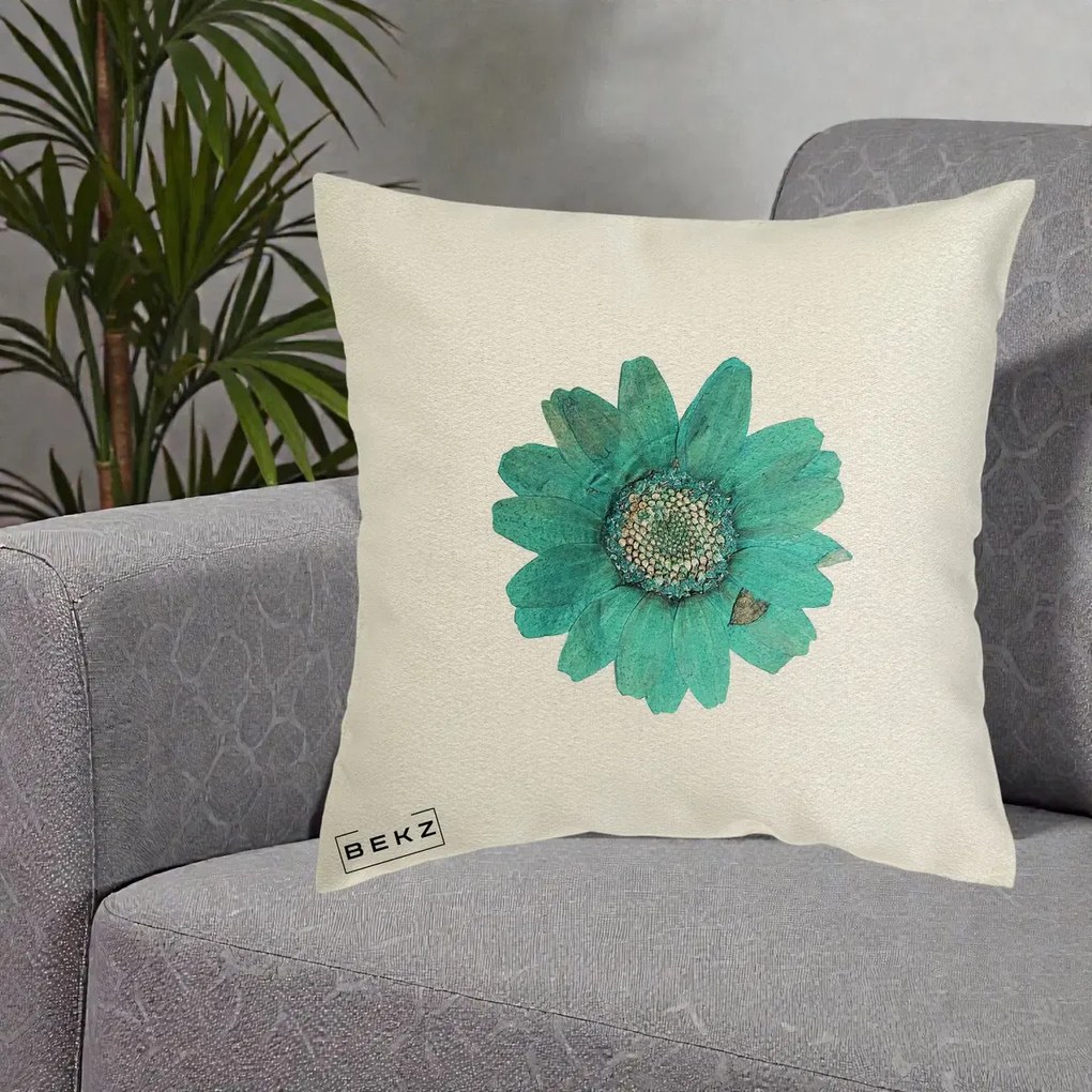 Perna Decorativa Floare Gerbera Teal Acuarela, 40x40 cm, Ecru, Husa Detasabila, Perna Inclusa, BEKZ®
