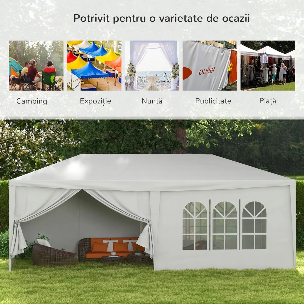 Outsunny Cort pentru Petreceri 6x3m cu Pereti Laterali Detasabili, Foisor de Gradina cu Usi si Ferestre, Alb