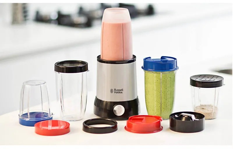 Blender Nutri Russell Hobbs 23180-56 Nutri Boost, 700 W, 15 piese, 2 lame din otel inoxidabil, Argintiu/Negru